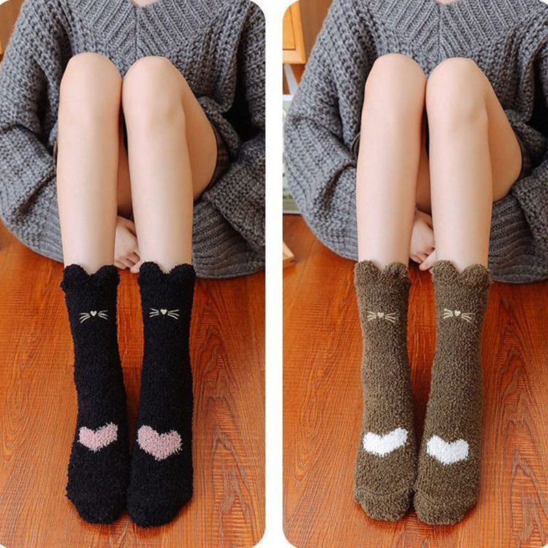 Коралловые флисовые носки, детские пушистые средние носки, осенние и зимние кошки, милые, анти-скольз Коралловые флисовые носки, детские пушистые средние носки, осенние и зимние кошки, милые, анти-скольз